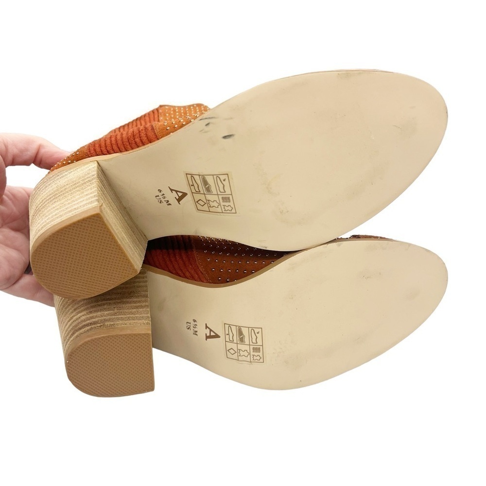 Anthropologie Faux Suede Gold Studded Stack Heel Pull On Boots Rust Orange 6.5 - Picture 9 of 11